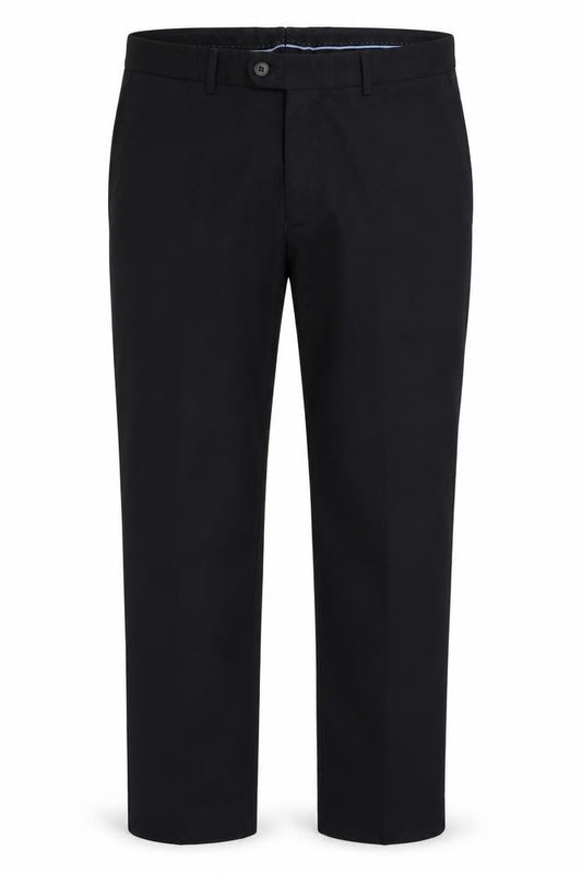 Front view of Preworn men’s blue trousers, size 34, 29-inch leg