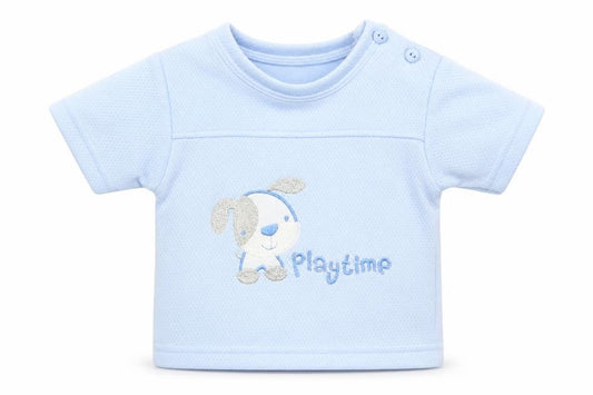 Front view of Bumble Bean boys’ blue basic t-shirt, size 3-6, months - puppy playtime