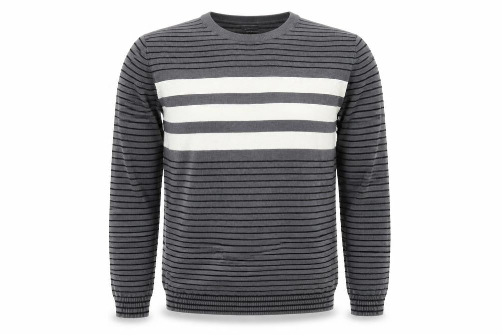Front view of Gap men’s grey striped jumper, size M