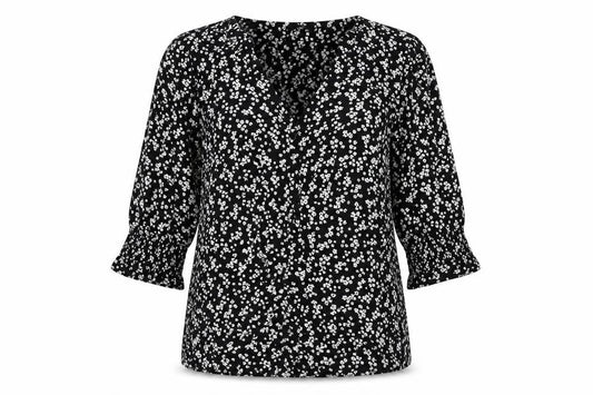 Front view of Next women’s black floral basic button-up, size UK 10