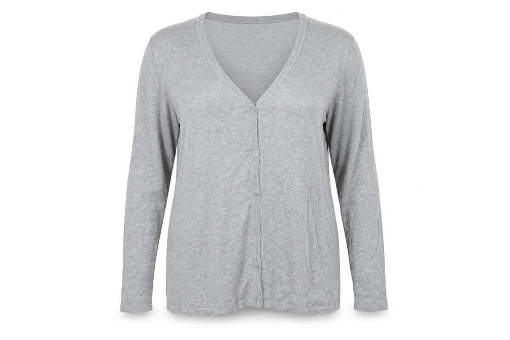 Front view of ESMARA women’s grey knit cardigan jumper, size UK 18