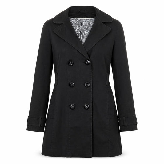 Front view of F& women’s black overcoat coat, size UK 10
