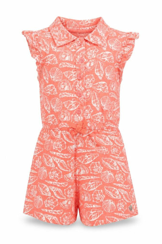 Front view of Maine New England girls’ orange geometric jersey playsuit one-piece, size 2-3, years - shells