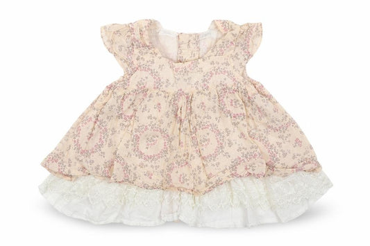 Front view of Rockabye-Baby girls’ beige floral shirt dress, size 3-6, months