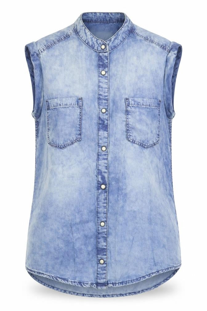 Front view of Denim & Co. women’s blue denim basic button-up, size UK 8