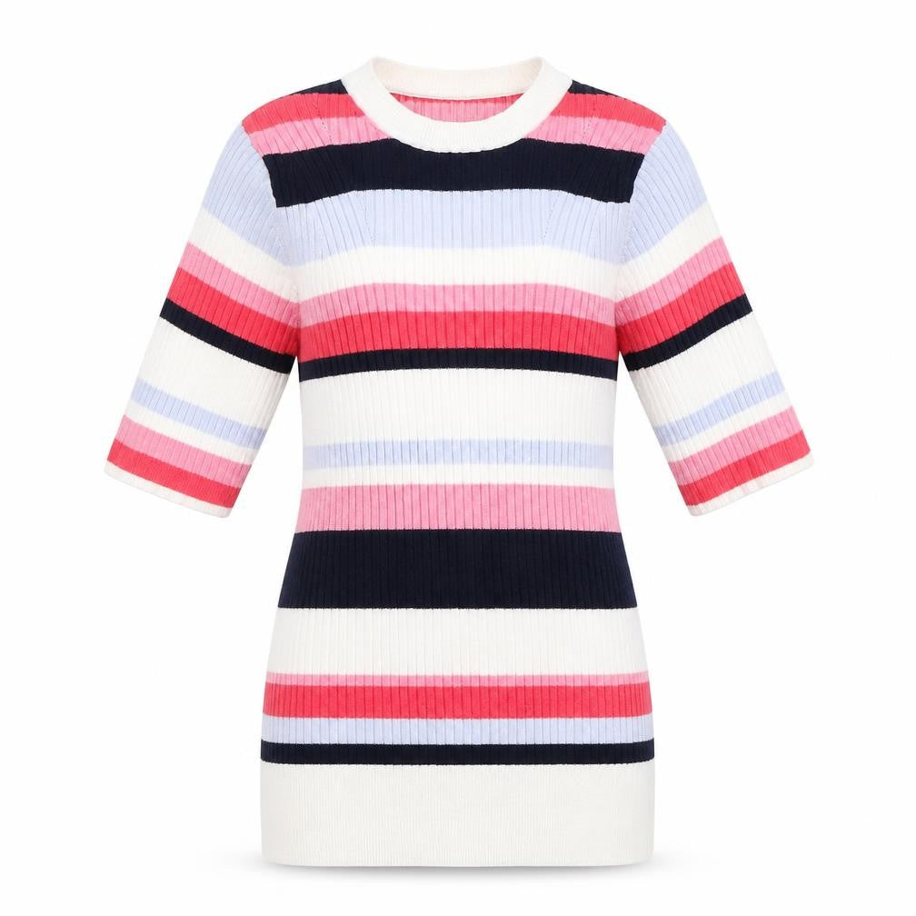 Front view of Marks & Spencer women’s white striped knit jumper, size UK 8