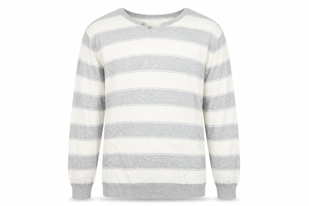 Front view of Cedarwood State men’s grey striped jumper, size M