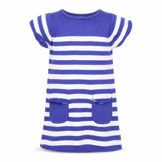 Front view of Preworn girls’ blue striped tunic jumper, size 2, years