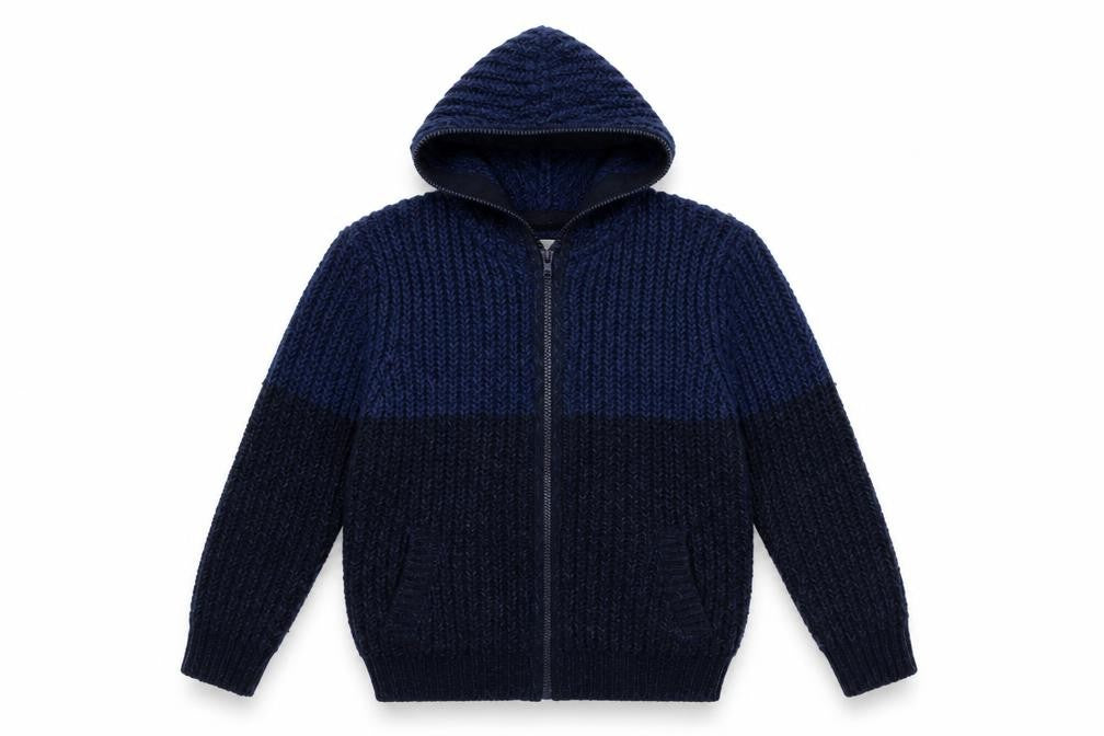 Front view of Zara boys’ blue knit full zip hoodie, size 7, years