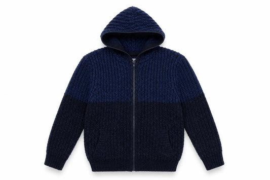 Front view of Zara boys’ blue knit full zip hoodie, size 7, years
