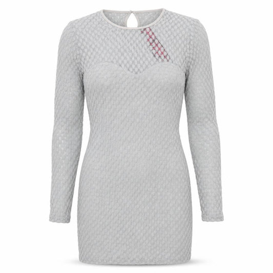 Front view of Motel Rocks women’s grey lace bodycon, size UK 12