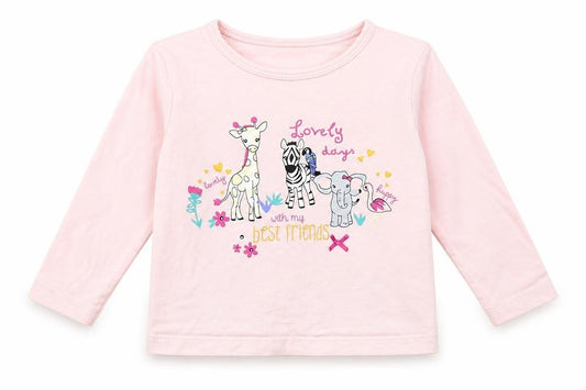 Front view of Peacocks girls’ pink basic t-shirt, size 18-24, months - animal