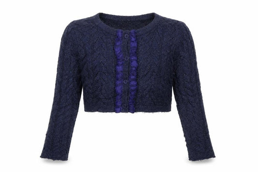 Front view of Yummi Girl girls’ blue herringbone knit jumper, size 5-6, years