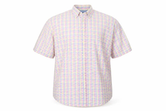 Front view of GREENVILLA men’s white check button-up, size 2XL