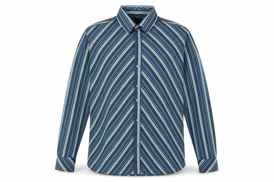 Front view of Next men’s blue striped button-up, size XL