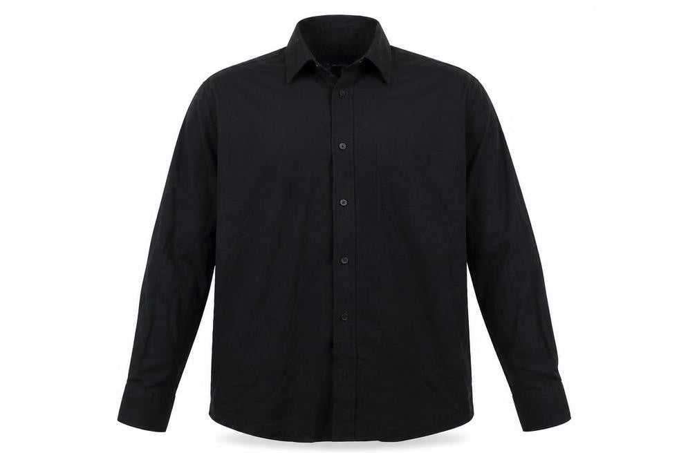 Front view of Tom Hagan men’s black button-up, size 15