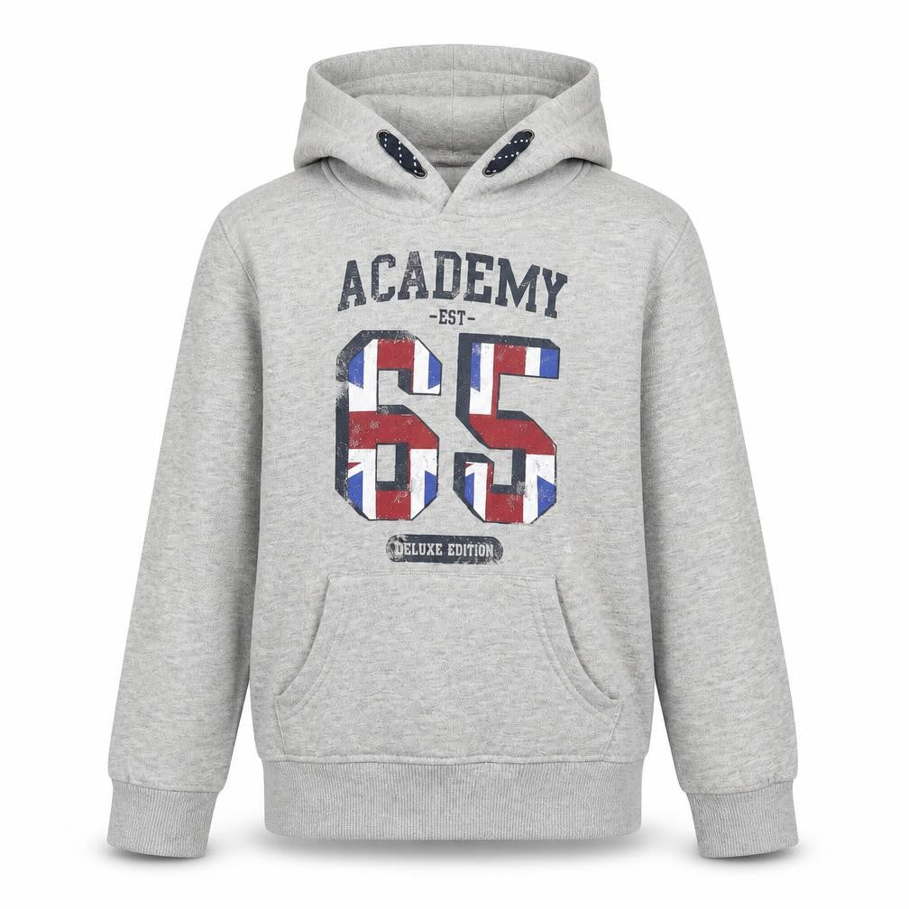 Front view of Rebel boys’ grey pullover hoodie, size 7-8, years