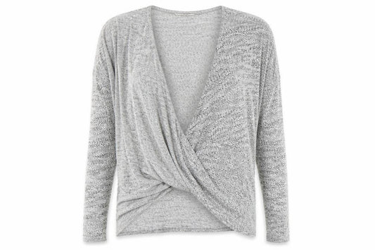 Front view of Label Lab women’s grey wrap blouse, size UK 14