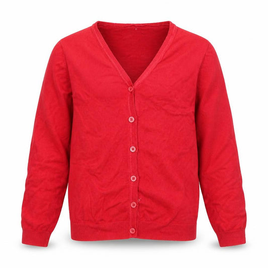 Front view of George girls’ red cardigan jumper, size 9-10, years
