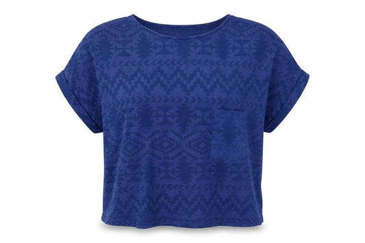 Front view of New Look women’s blue geometric basic blouse, size UK 12