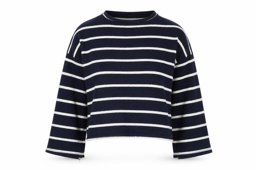 Front view of Boohoo women’s blue striped jumper, size UK 12