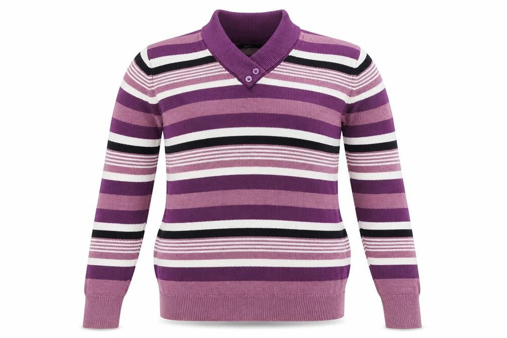 Front view of Isle women’s purple striped jumper, size S