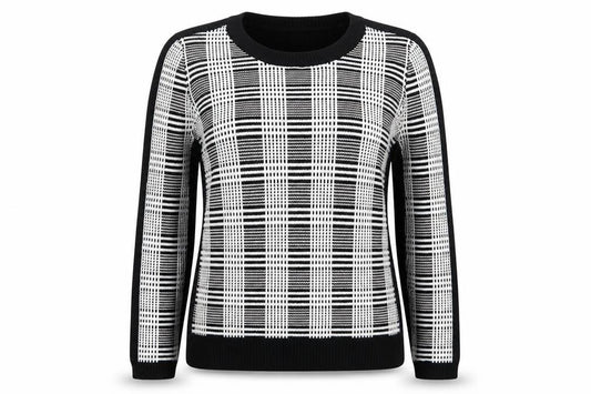 Front view of Papaya women’s black check knit jumper, size UK 12