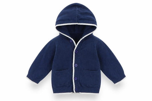 Front view of Marks & Spencer boys’ blue cardigan jumper, size 3-6, months