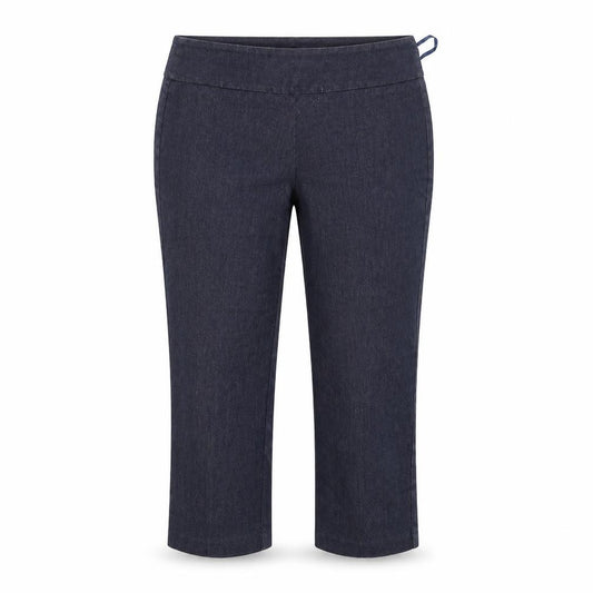 Front view of Evie Collection women’s blue trousers, size UK 14, 21-inch leg