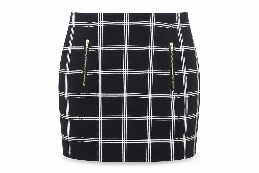 Front view of Urmoda women’s black check mini skirt, size XS