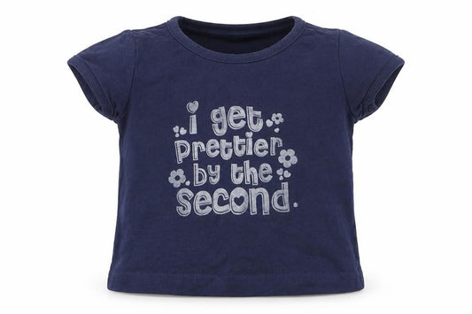 Front view of Early Days girls’ blue basic t-shirt, size 9-12, months