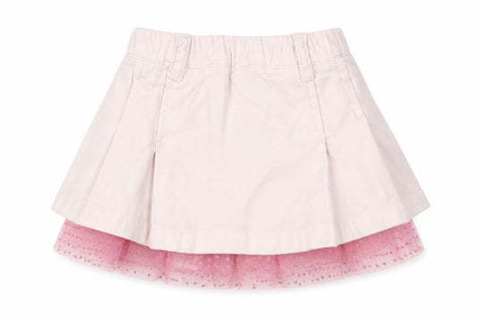 Front view of U&E girls’ pink pleated skirt, size 12, months