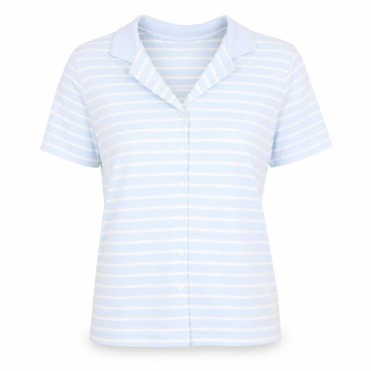Front view of Donna lewis women’s blue striped basic button-up, size M