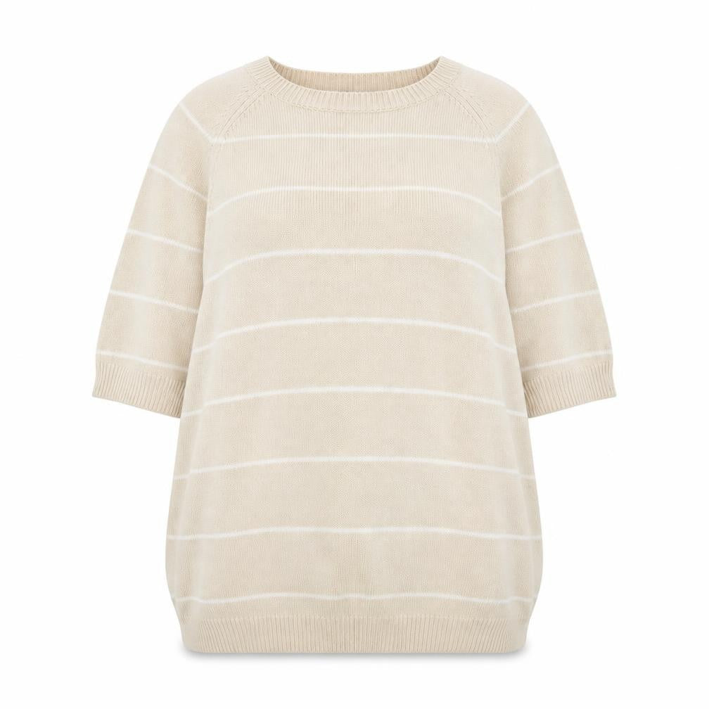 Front view of Berkertex women’s beige striped jumper, size UK 14