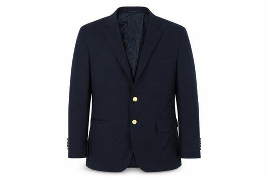 Front view of Preworn men’s blue jacket, size 38, - shoulder pads