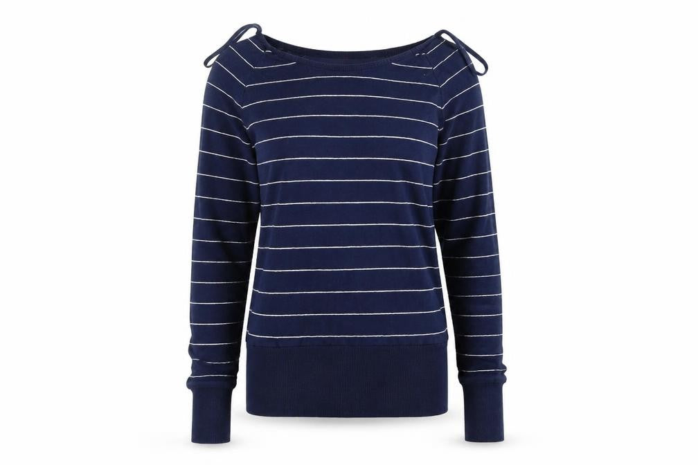 Front view of H&M women’s blue striped jumper, size UK 10