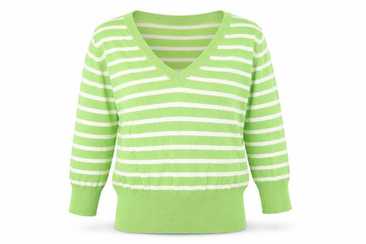 Front view of Atmosphere girls’ green striped jumper, size 12-13, years