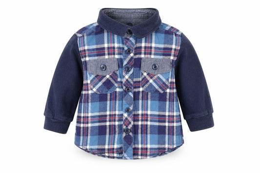 Front view of Matalan boys’ blue plaid basic dress shirt, size 3-6, months