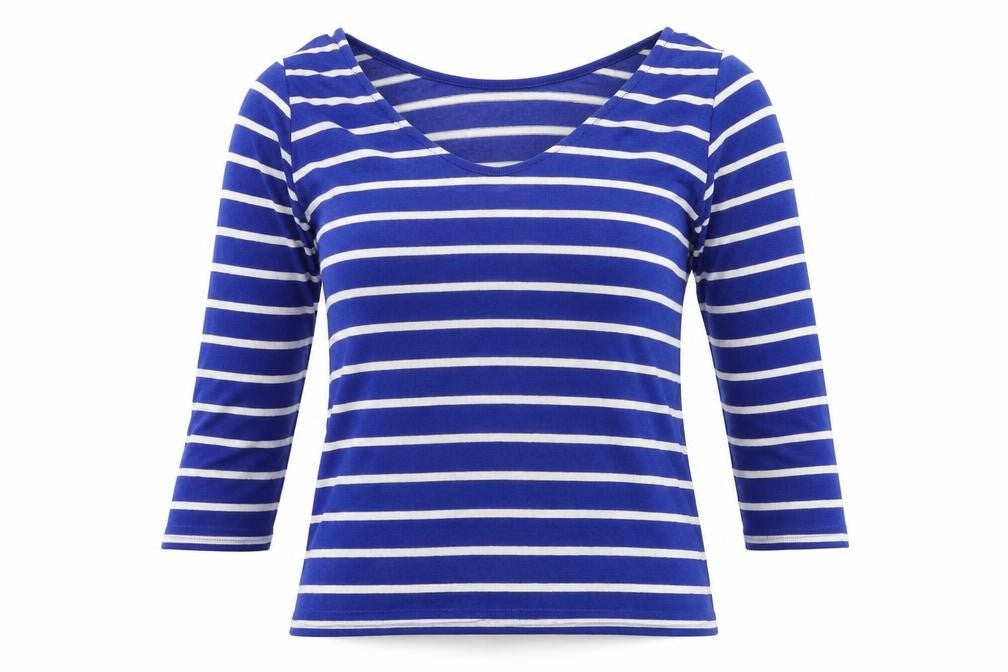 Front view of ostradivarius women’s blue striped jumper, size S