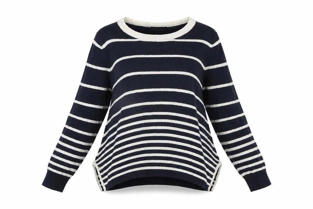 Front view of Wearhouse women’s black striped jumper, size UK 10