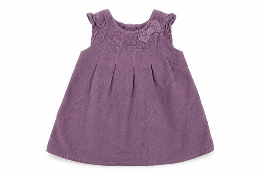 Front view of Mini Club girls’ purple corduroy pinafore/dungaree dress, size 6-9, months