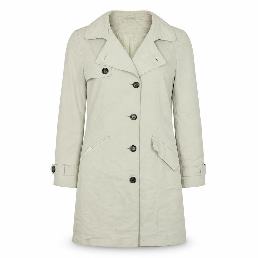 Front view of Marks & Spencer women’s beige overcoat coat, size UK 2