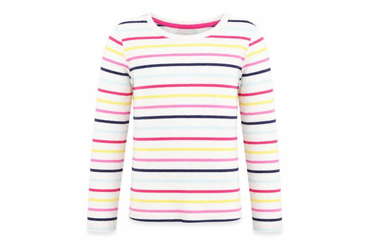 Front view of I love girl wear girls’ multicoloured striped basic t-shirt, size 7, years