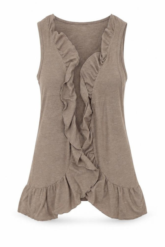 Front view of Soon women’s brown cardigan jumper, size UK 12, - frill detail
