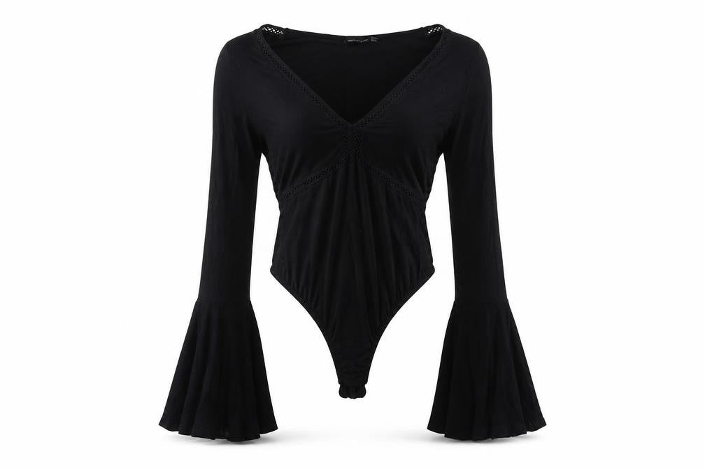 Front view of PRETTYLITTLETHING women’s black leotard one-piece, size UK 12