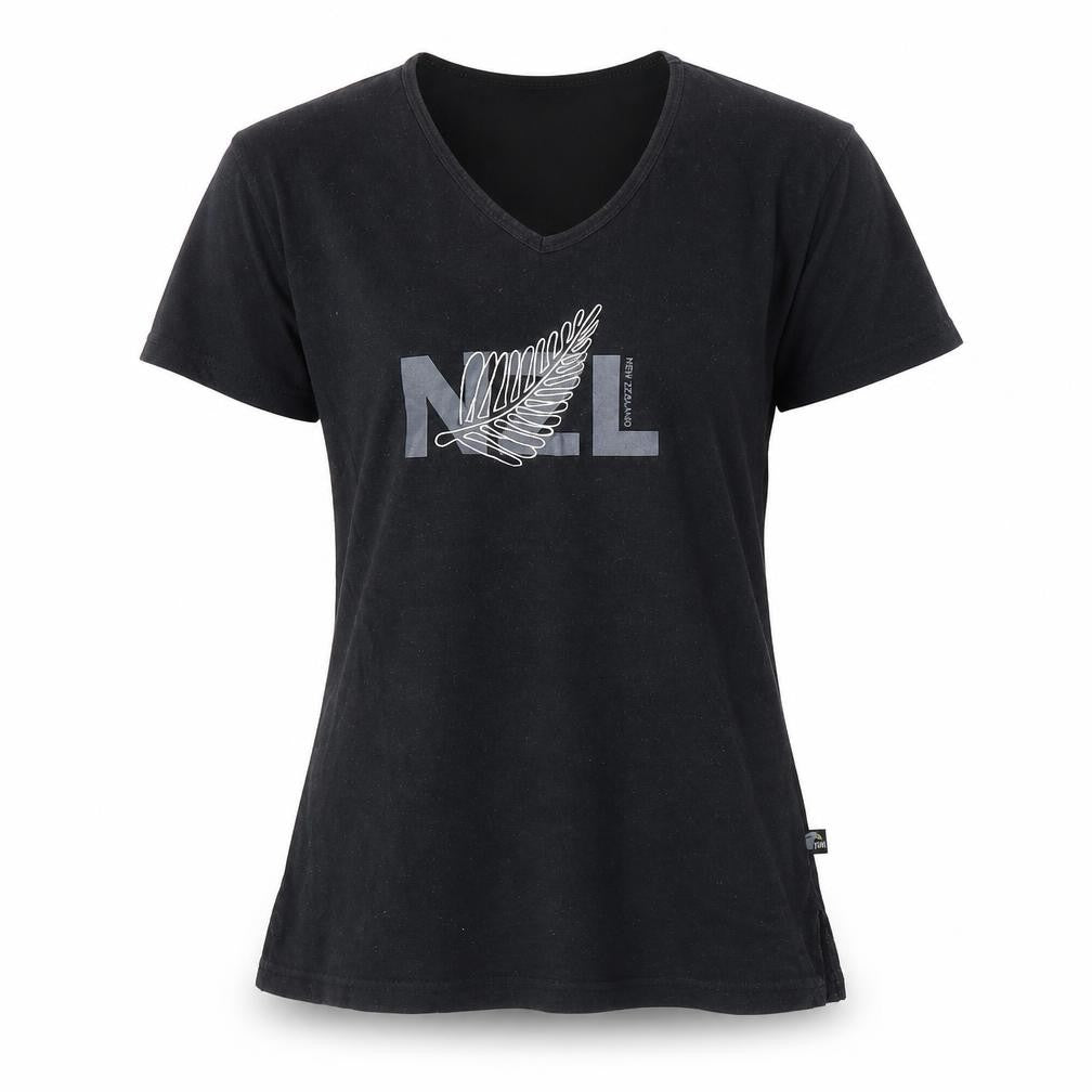 Front view of Kiwi Casual women’s black basic t-shirt, size M