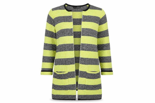 Front view of Atmosphere women’s yellow striped cardigan jumper, size XS