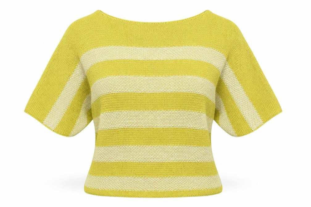 Front view of Isabella D women’s yellow striped jumper, size M