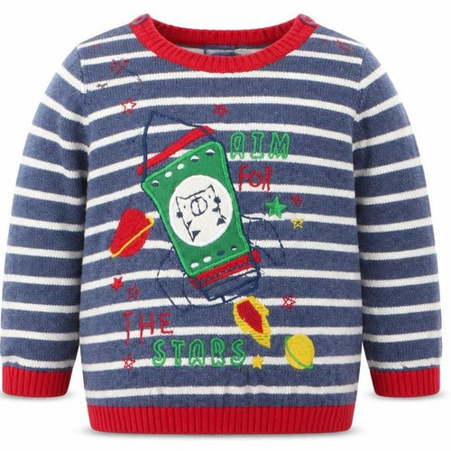 TU Boys Blue Striped  Pullover Jumper Size 6-9 Months  - Aim for the Stars