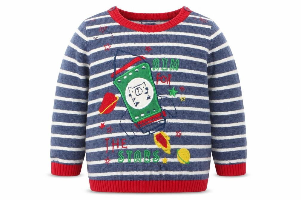 TU Boys Blue Striped  Pullover Jumper Size 6-9 Months  - Aim for the Stars